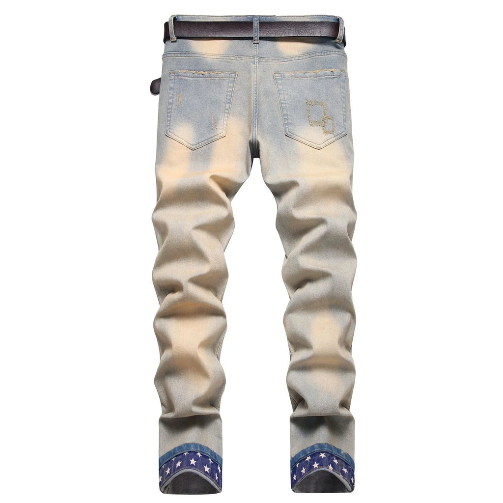 Nouveau et Style Stretch Trou Mendiant Broderie Avec Vintage Flanged Personnalité Mode Pantalon Homme Décontracté de Haute Qualité