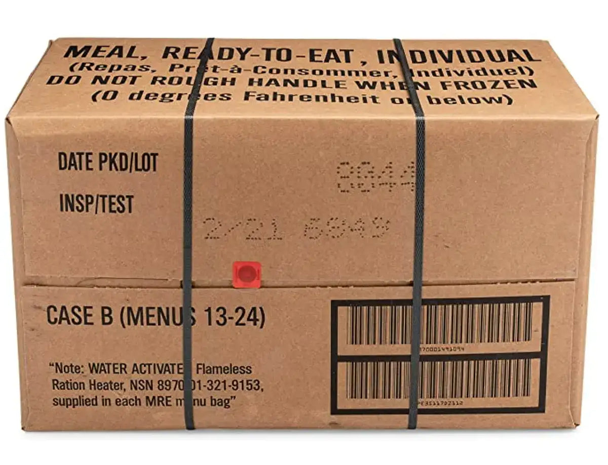 Caja de 24 raciones de combate MRE (Meals Ready to Eat) de excedente militar de EE. UU., menús 1-24, fecha de inspección 2021, 2.71 libras