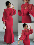 Elegante vestido de sirena rosa con capa transparente de pedrería, conjunto de vestido ajustado