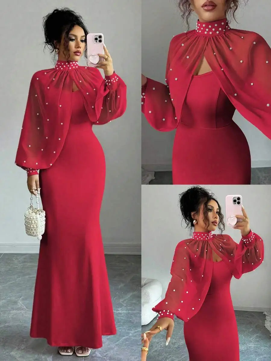 Elegante vestido de sirena rosa con capa transparente de pedrería, conjunto de vestido ajustado