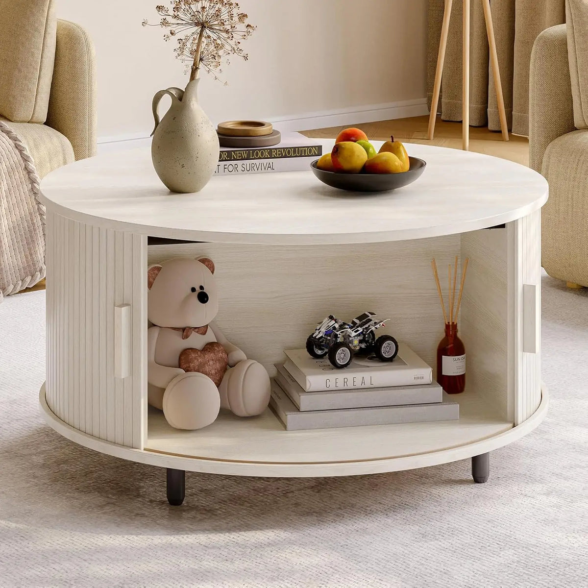Round Coffee Table 31.5" – Fluted Wood, Curved Sliding Door