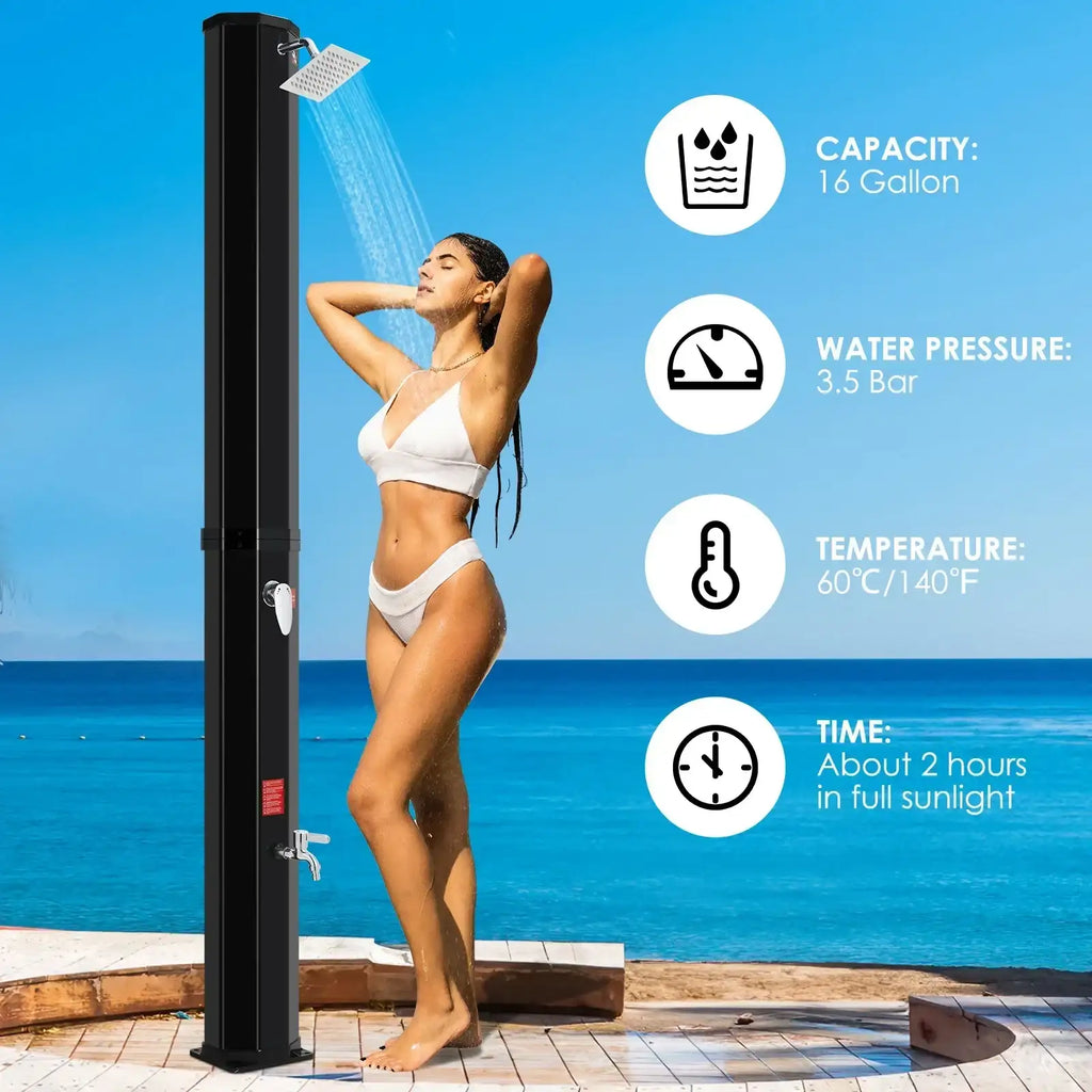 Ducha solar exterior independiente de 60 L, duchas de piscina para exteriores, columna de ducha solar de 228 cm de altura con cabezal giratorio de 360°