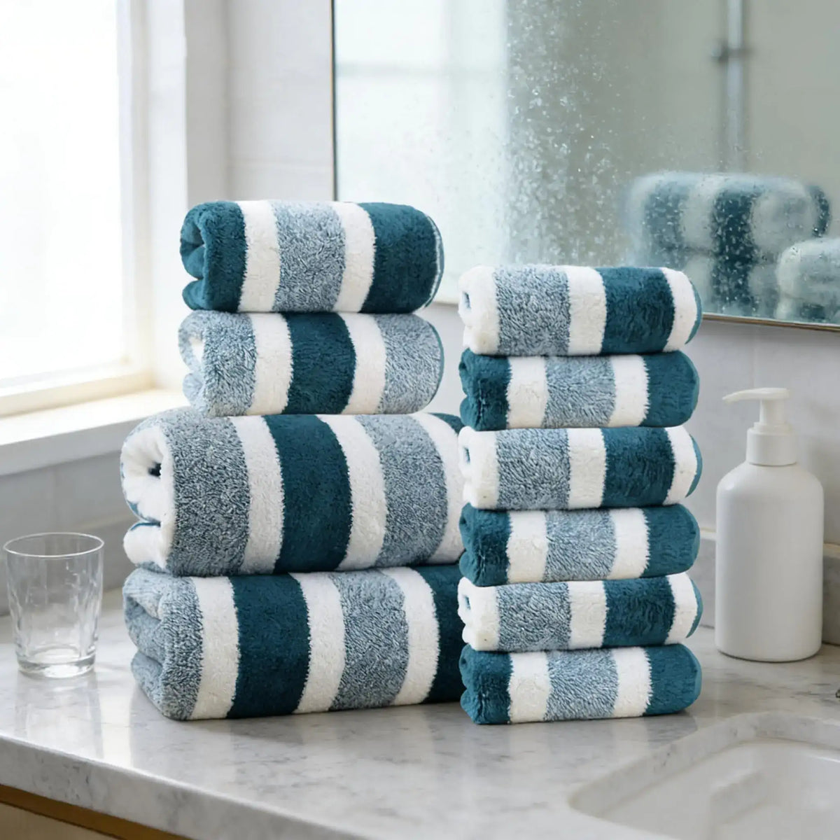 Ensemble de 18 serviettes de bain de luxe, serviettes en polyester douces à séchage rapide pour la maison, l'hôtel et le spa, bleu marine et rayé