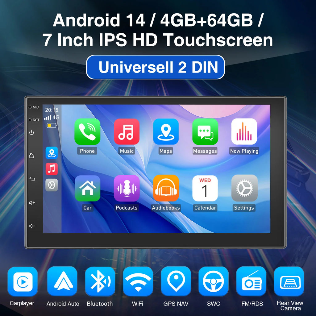 Autoradio ESSGOO sans fil CarPlay Android Auto 2 DIN 7" Autoradio HD FM-GPS Écran tactile Unité centrale 4+64G DAB+ AHD