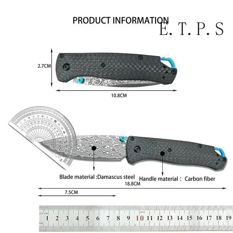Bugout 535 Outdoor-Klapp-Taschenmesser, Klinge aus Damaszenerstahl, Griff aus Carbonfaser, Jagdmesser, Camping-, Angel- und EDC-Werkzeug