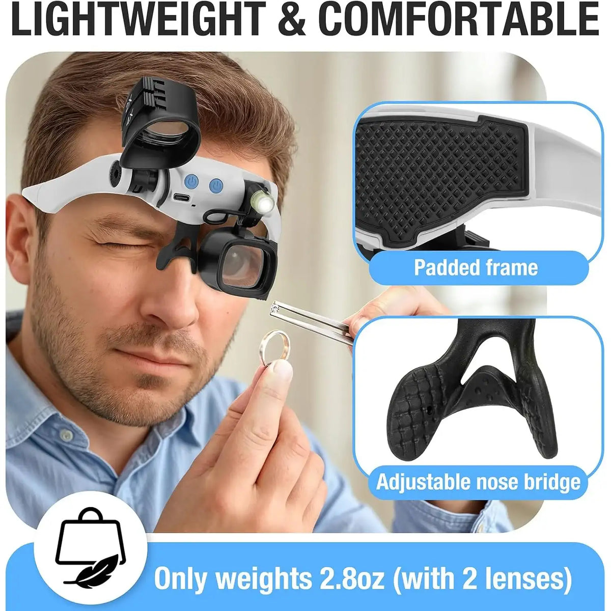 LED-Lupe zum Aufsetzen + Mini-Klappvergrößerungsglas (2er-Pack) mit Aufbewahrungstasche und austauschbaren Linsen mit 2X, 4X, 6X, 10X, 13X, geeignet für Naharbeiten, Uhrenreparatur, Löten von Leiterplatten, Handgravur und Juw