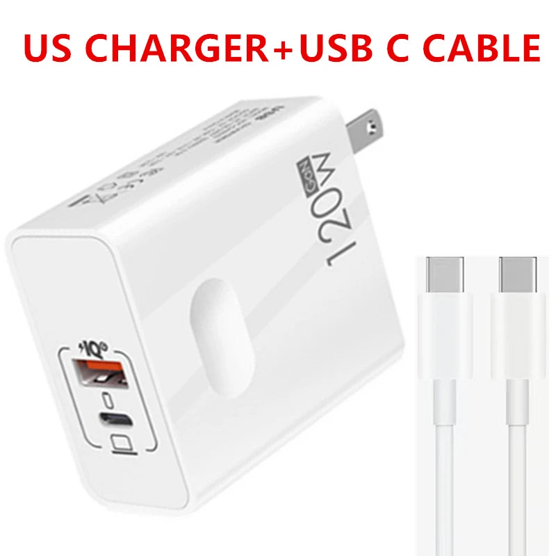 Chargeur rapide 120W Câble USB Type C PD Charge rapide Adaptateur Quick Charge 3.0 Pour iPhone Xiaomi Samsung Oneplus Pixel Téléphones portables