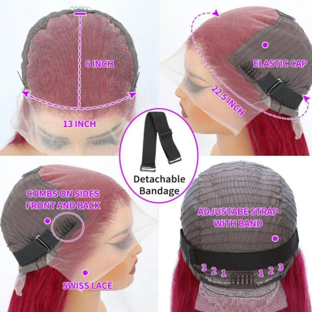 34-Zoll-Perücke aus menschlichem brasilianischem Haar, 99J Burgundy, glatt, 13x4 HD-transparente Lace-Front-Perücke, vorgezupfter natürlicher Haaransatz für Frauen