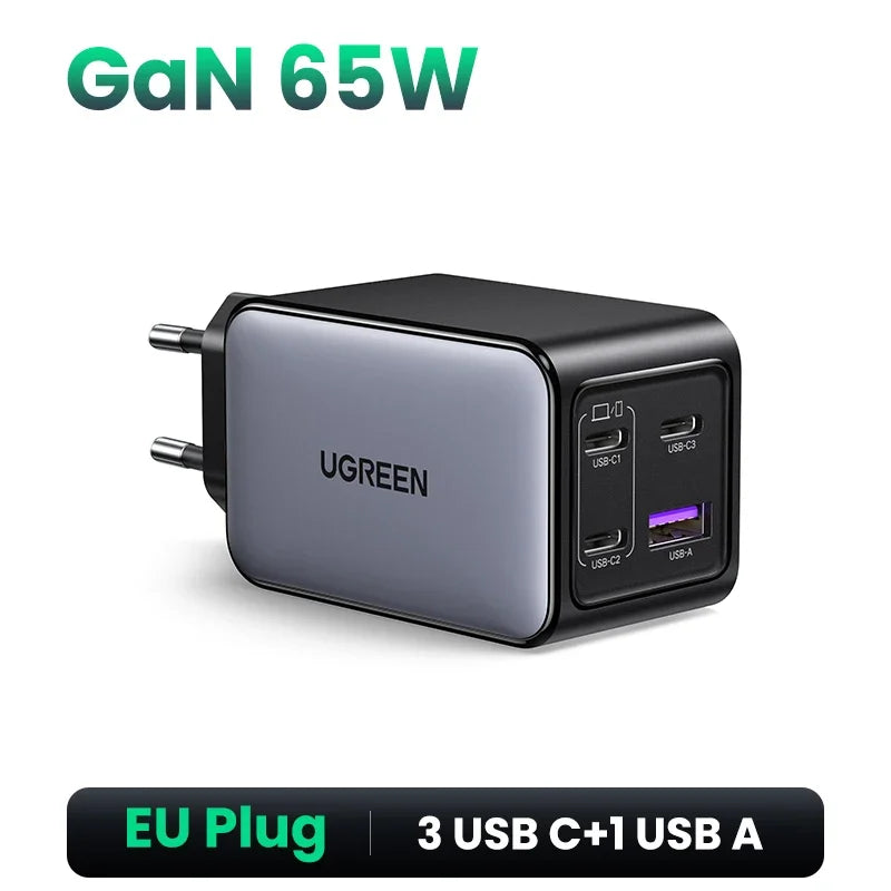 Chargeur GaN 65W UGREEN 4 ports USB C Chargeur Rapide Charge Rapide 3.0 PD 3.0 Pour Macbook Air Ordinateurs Portables Tablettes iPhone 17 16 15 Pro Max