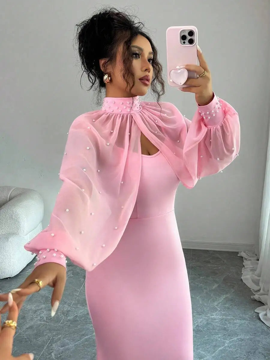 Elegante vestido de sirena rosa con capa transparente de pedrería, conjunto de vestido ajustado