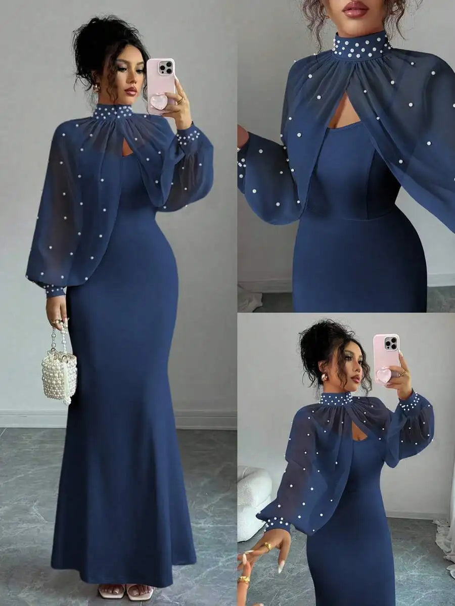 Elegante vestido de sirena rosa con capa transparente de pedrería, conjunto de vestido ajustado