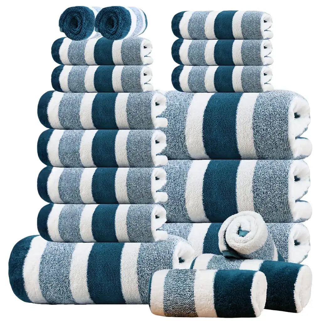 Ensemble de 18 serviettes de bain de luxe, serviettes en polyester douces à séchage rapide pour la maison, l'hôtel et le spa, bleu marine et rayé