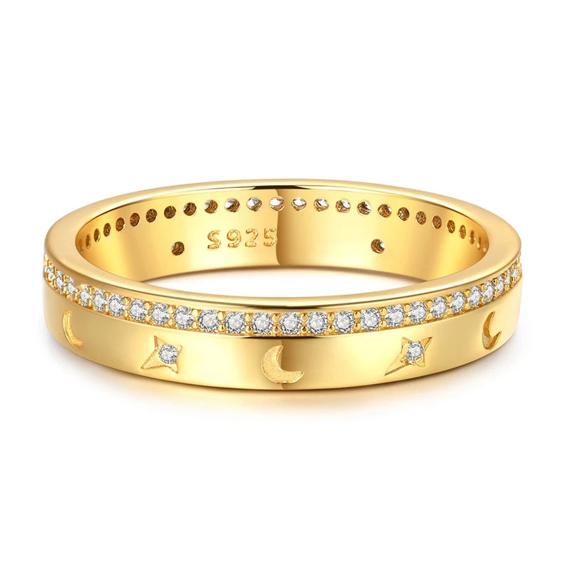 Original 925 Sterling Silver Sparkling Golden Star Firefly Moon Ring For Women Girls Jewelry Birthday Anniversary Gifts