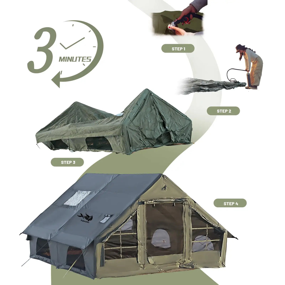 Tente de glamping gonflable PAKICETUS, abri familial 4 saisons résistant aux intempéries avec pompe manuelle