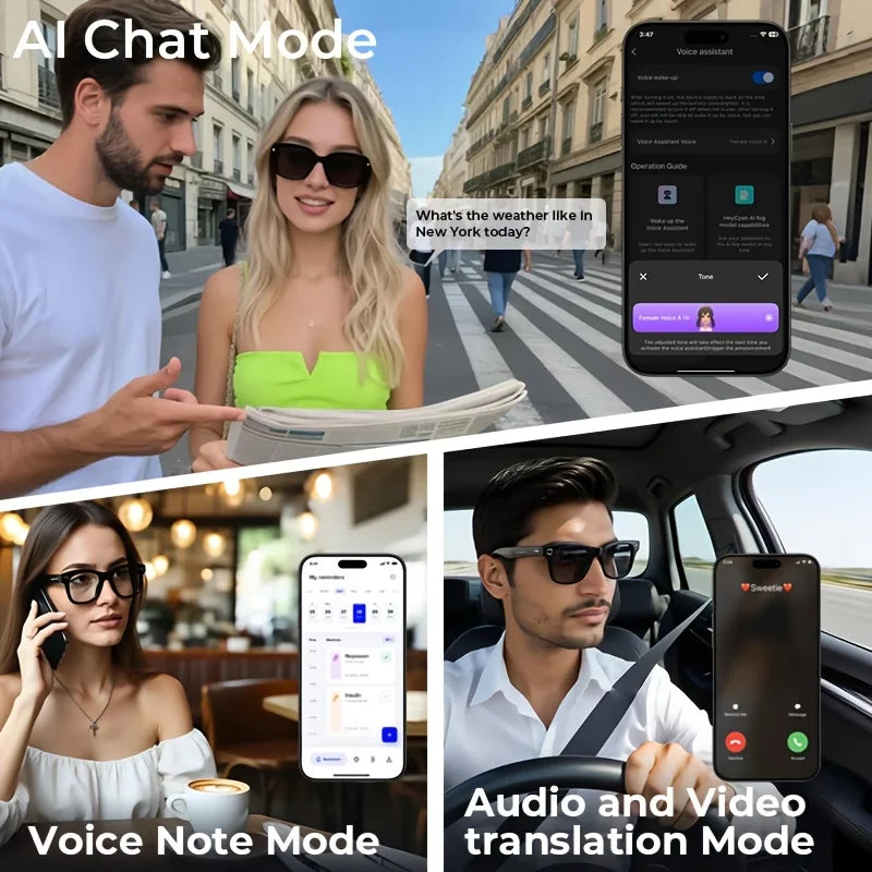 AI Smart Video Glasses with Camera and Photo Capabilities, featuring an 8MP camera, 1080P HD video recording, 4K resolution,