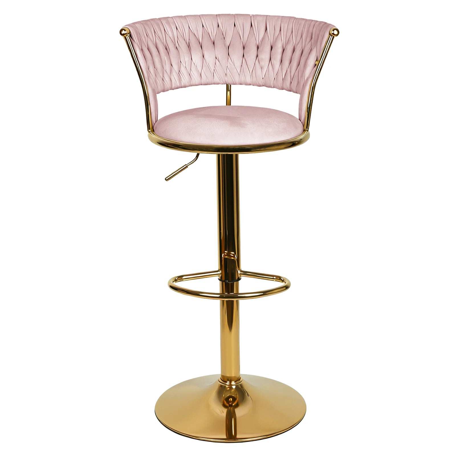 2 Set Bar stool with woven back and foot rest, pivoting stool, height adjustable, metal splayed Base + velvet padded seat, gray/pink/blue/black