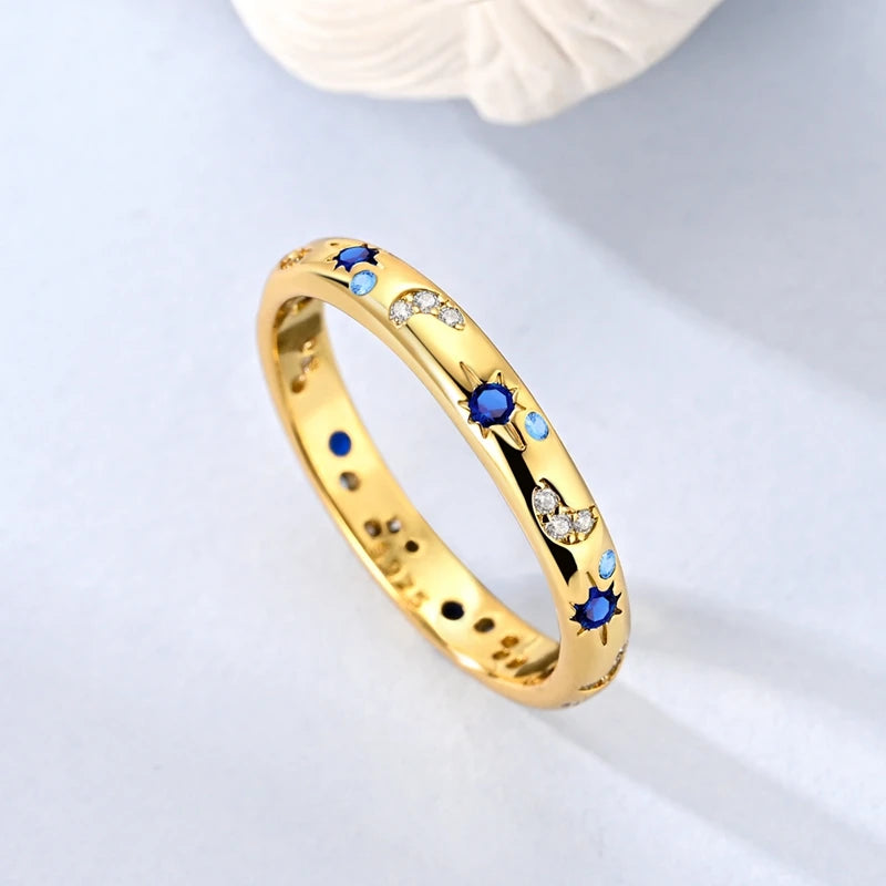 Original 925 Sterling Silver Sparkling Golden Star Firefly Moon Ring For Women Girls Jewelry Birthday Anniversary Gifts