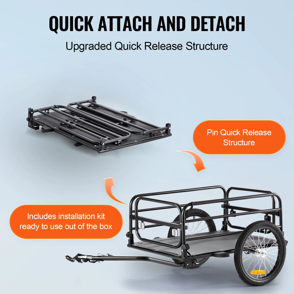 SucceBuy 160ポンド 自転車用カーゴトレーラー 折りたたみ式収納 自転車用ワゴンカート 16インチホイール・安全反射板付き 22〜28インチの自転車ホイールに対応