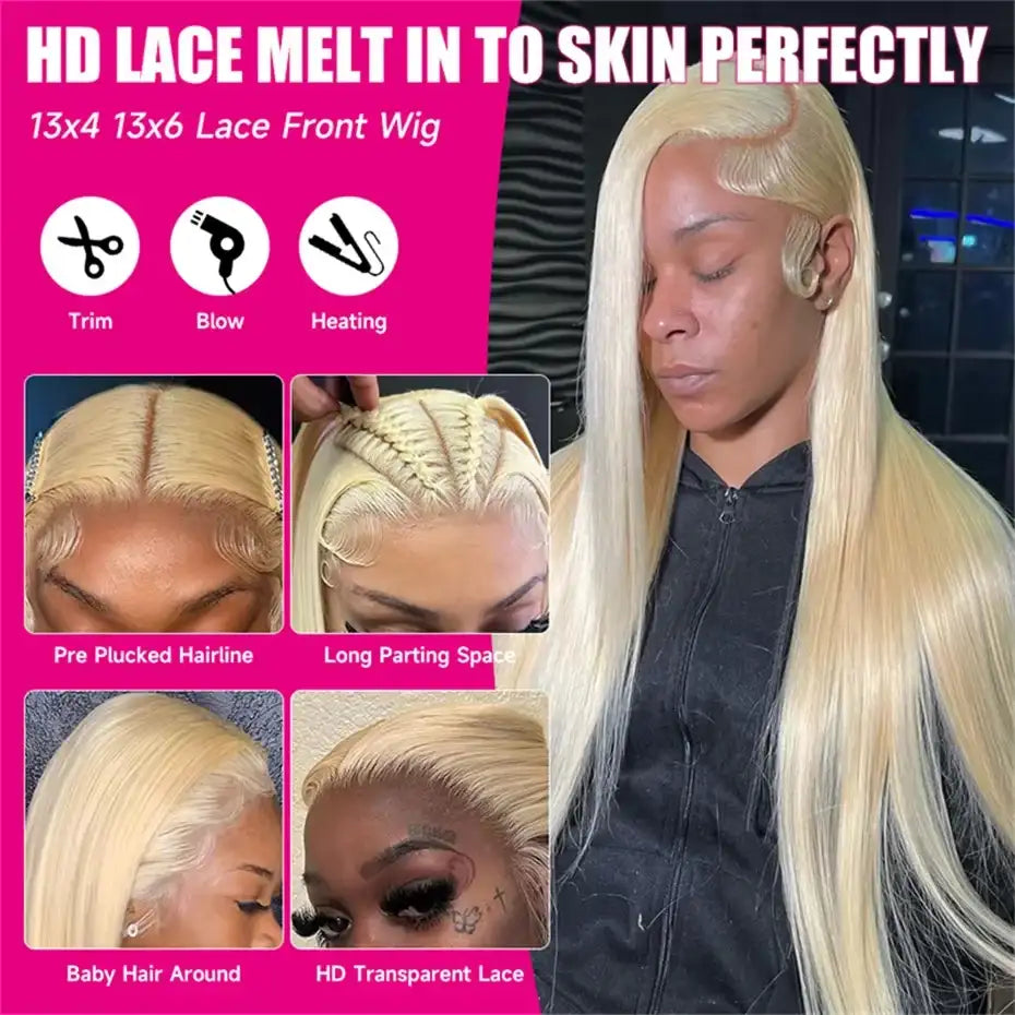 Perruque lace front blonde 613 lisse avec options 13x4 ou 13x6