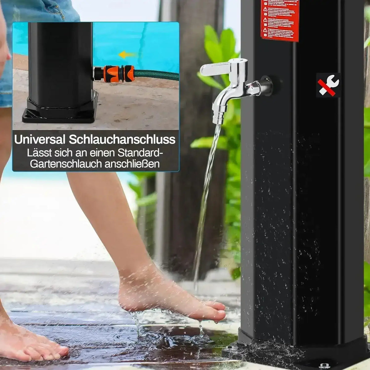 Ducha solar exterior independiente de 60 L, duchas de piscina para exteriores, columna de ducha solar de 228 cm de altura con cabezal giratorio de 360°