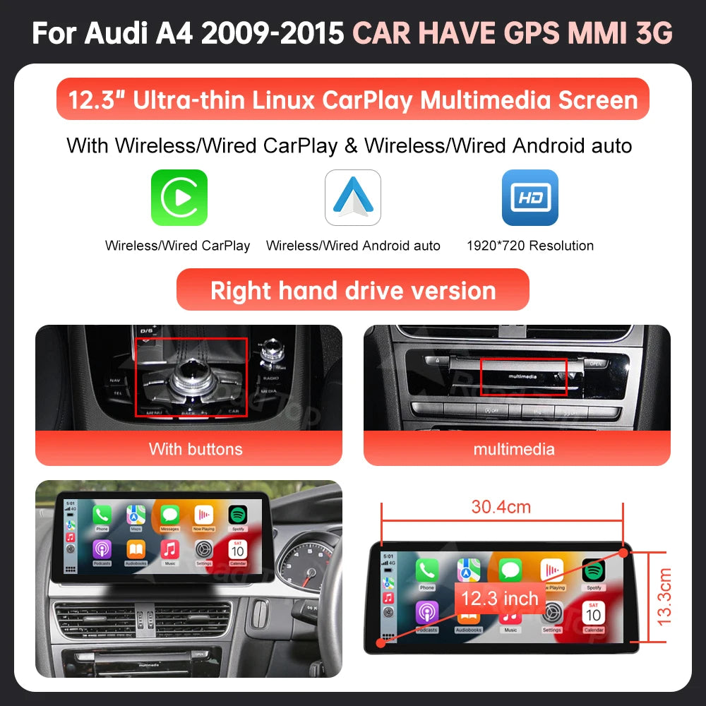 Pantalla táctil CarPlay Android Auto para Audi A4 S4 B8 – 8,9"/12,3"