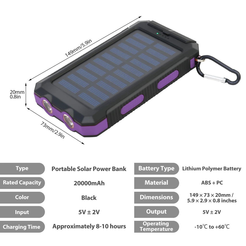 ソーラーモバイルバッテリー 20000mAh – 防水、LED懐中電灯＆コンパス付き