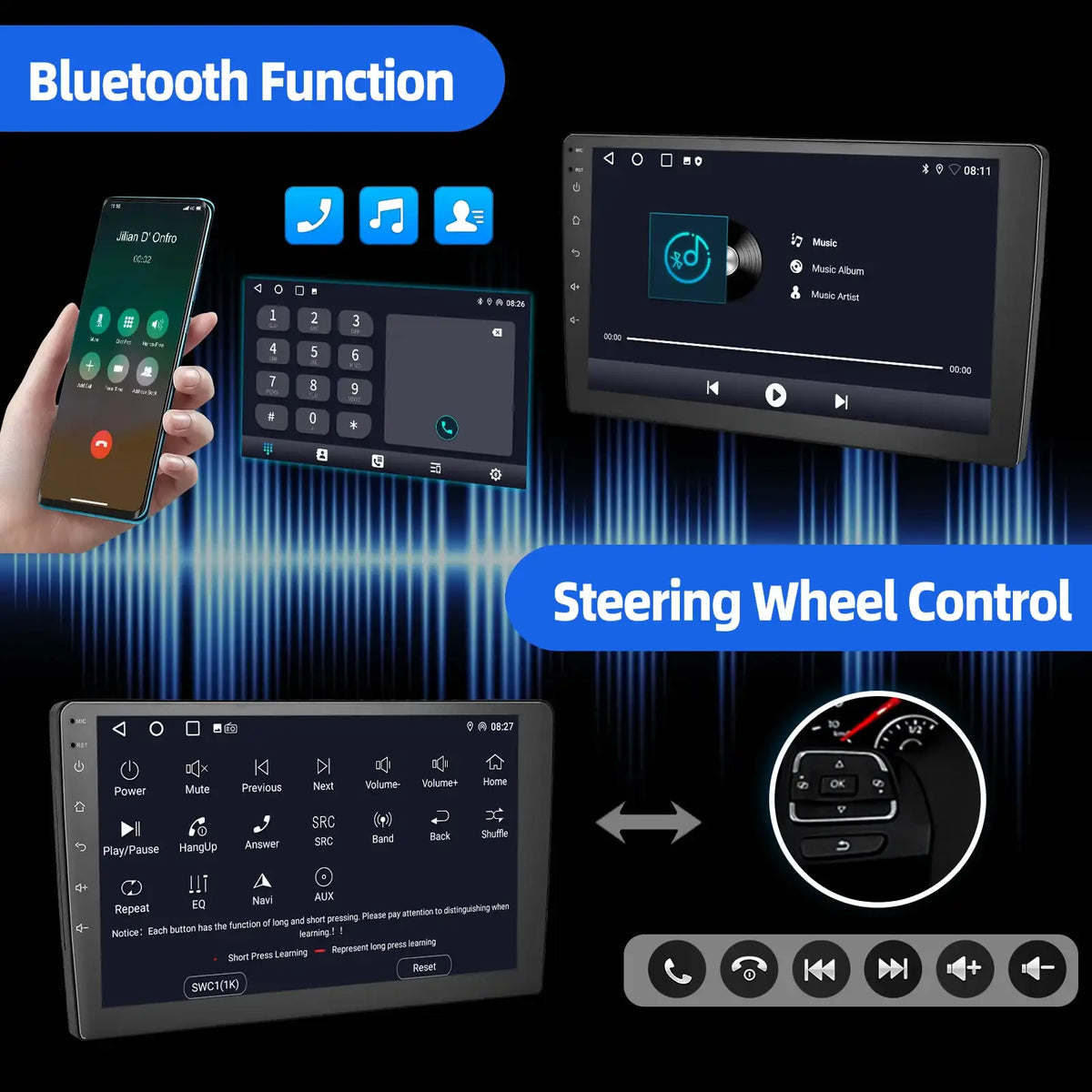 ESSGOO 7"/9"/10" 2-DIN-Autoradio mit Android 14, 4+64G, CarPlay, Android Auto, GPS-SAT-Navigation, Bluetooth, FM-RDS-Radio, WLAN und Touchscreen