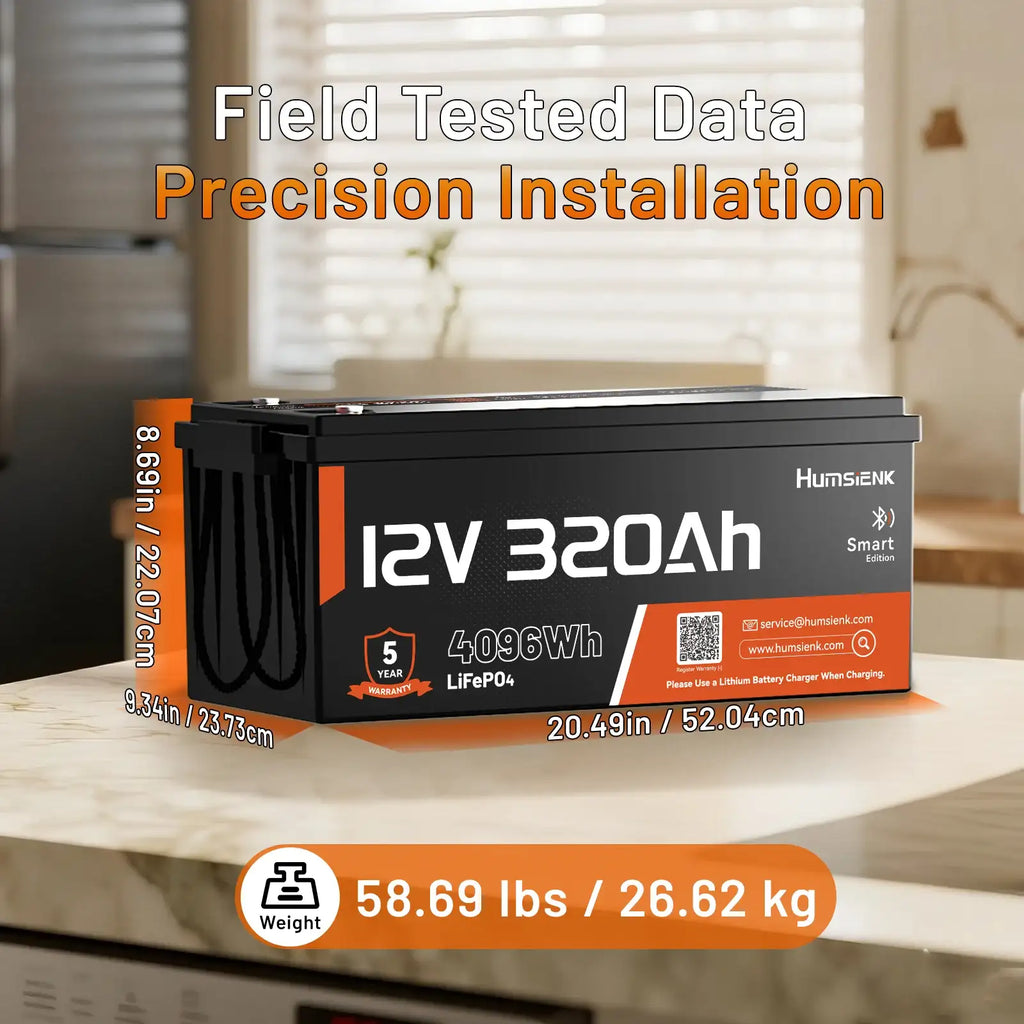 Batterie LiFePO4 Humsienk 12V 320Ah, 4096Wh avec Bluetooth et BMS 250A, plus de 15 000 cycles pour camping-car, van, bateau, voiturette de golf et solaire
