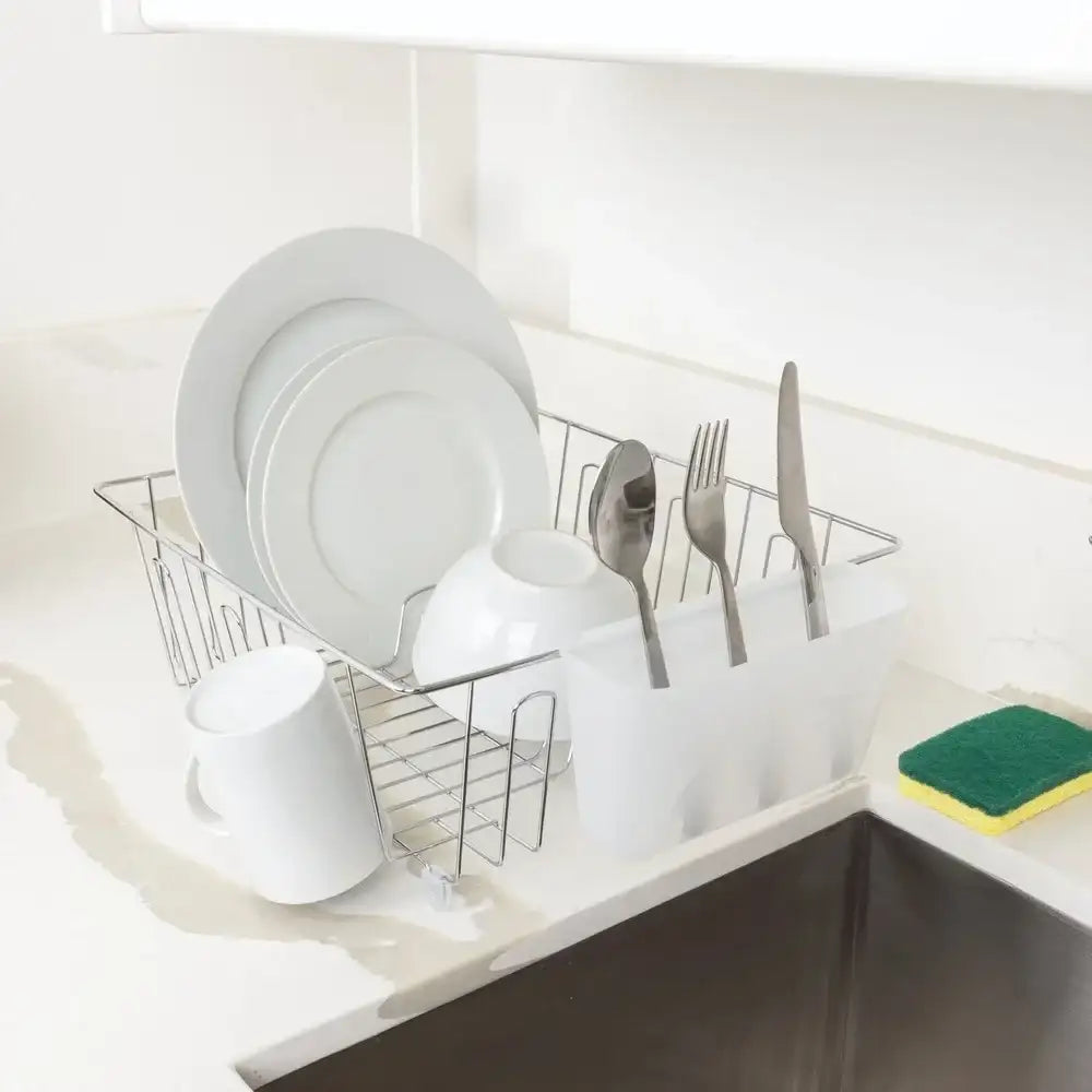 Petit égouttoir à vaisselle en fil métallique avec égouttoir à couverts, égouttoir à vaisselle compact en acier inoxydable pour égouttage et rangement sur le comptoir.