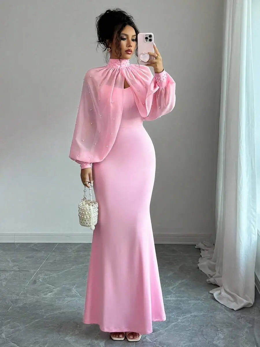 Elegante vestido de sirena rosa con capa transparente de pedrería, conjunto de vestido ajustado