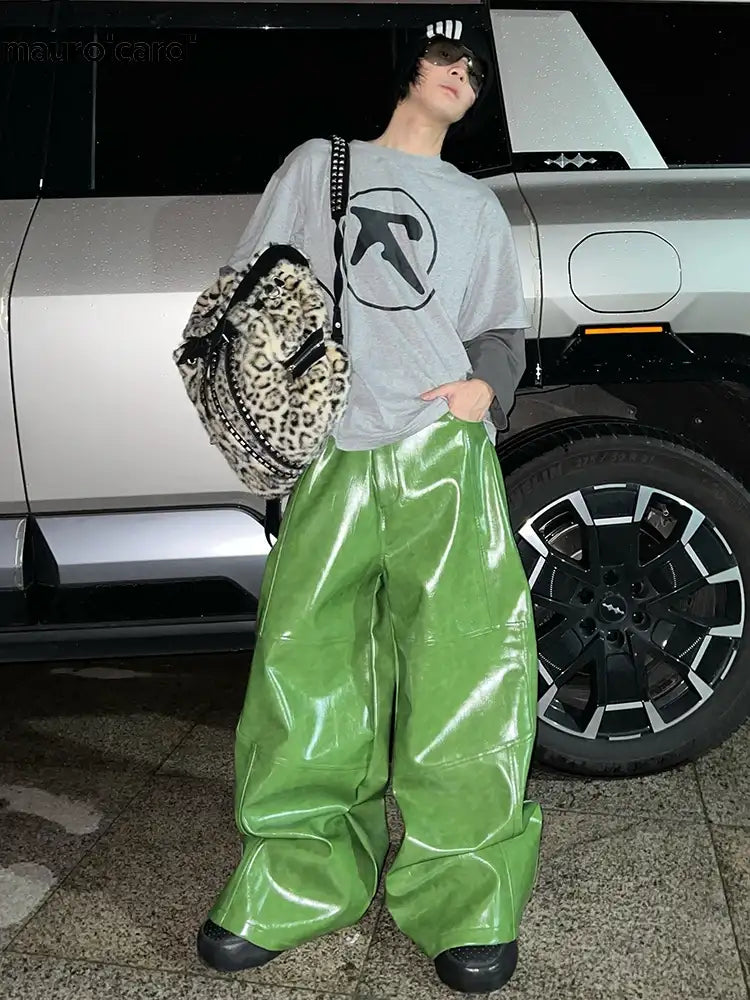 Mauroicardi Spring Autumn Cool Long Shiny Reflective Green PU Leather Wide Leg Pants for Men - Y2K Luxury Style
