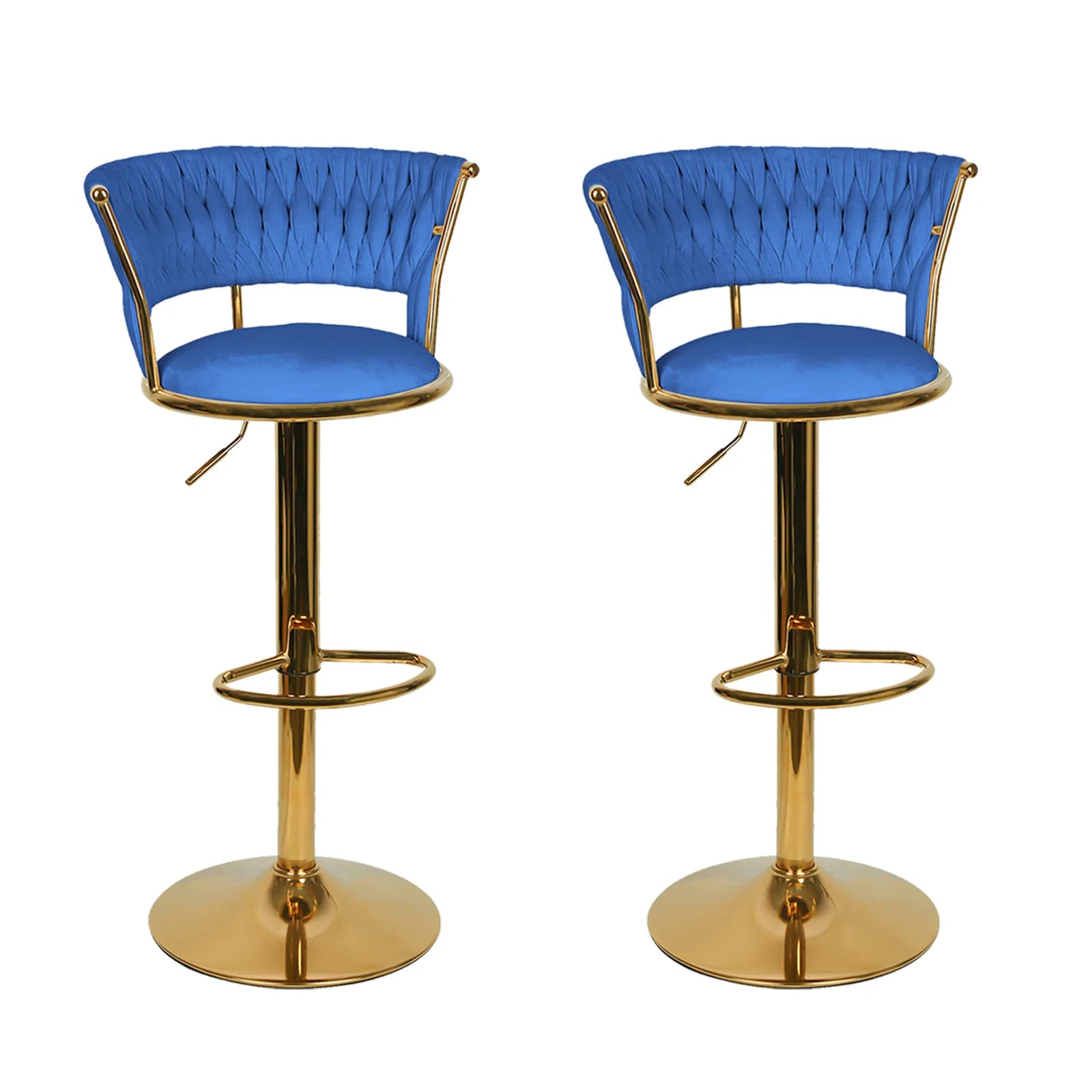 2 Set Bar stool with woven back and foot rest, pivoting stool, height adjustable, metal splayed Base + velvet padded seat, gray/pink/blue/black