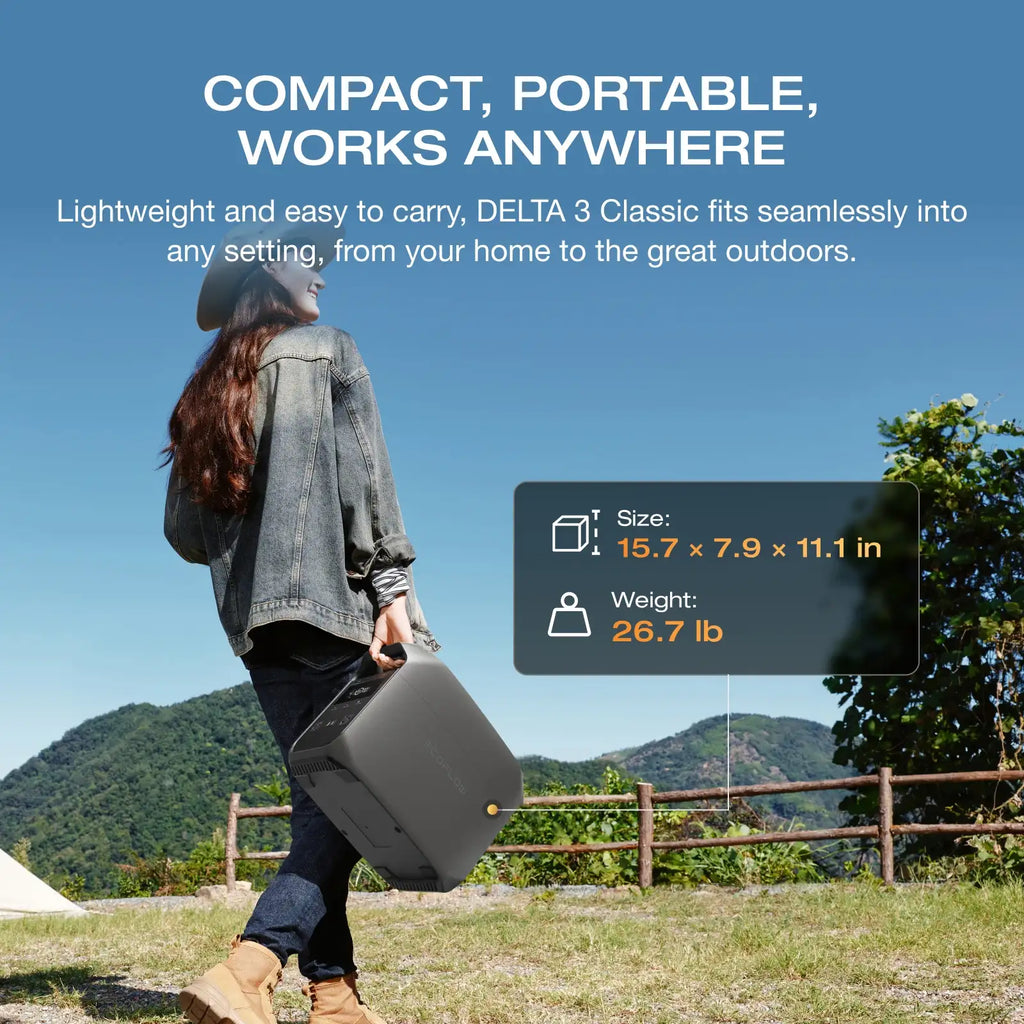 Generador solar ECOFLOW DELTA 3 Classical Dark 1000, estación de energía portátil con batería LiFePO4 de 1024Wh, 1800W CA/100W USB-