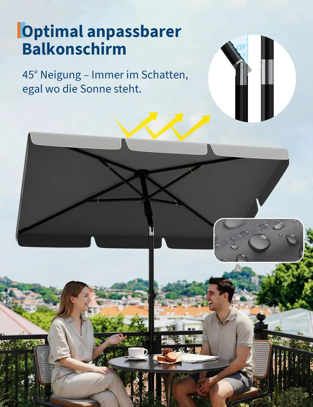 Sunshade 200x125 cm, UPF 50+ beach umbrella, height adjustable from 145-225 cm, foldable at 45°, with cover, sun protection