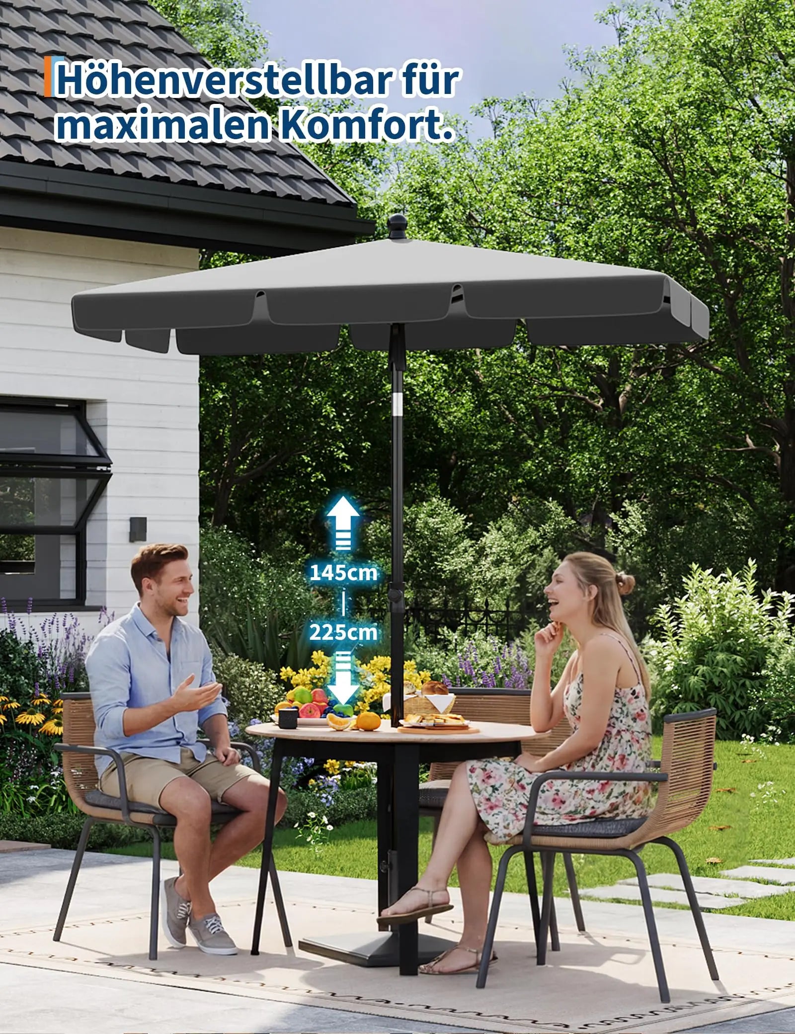 Sunshade 200x125 cm, UPF 50+ beach umbrella, height adjustable from 145-225 cm, foldable at 45°, with cover, sun protection