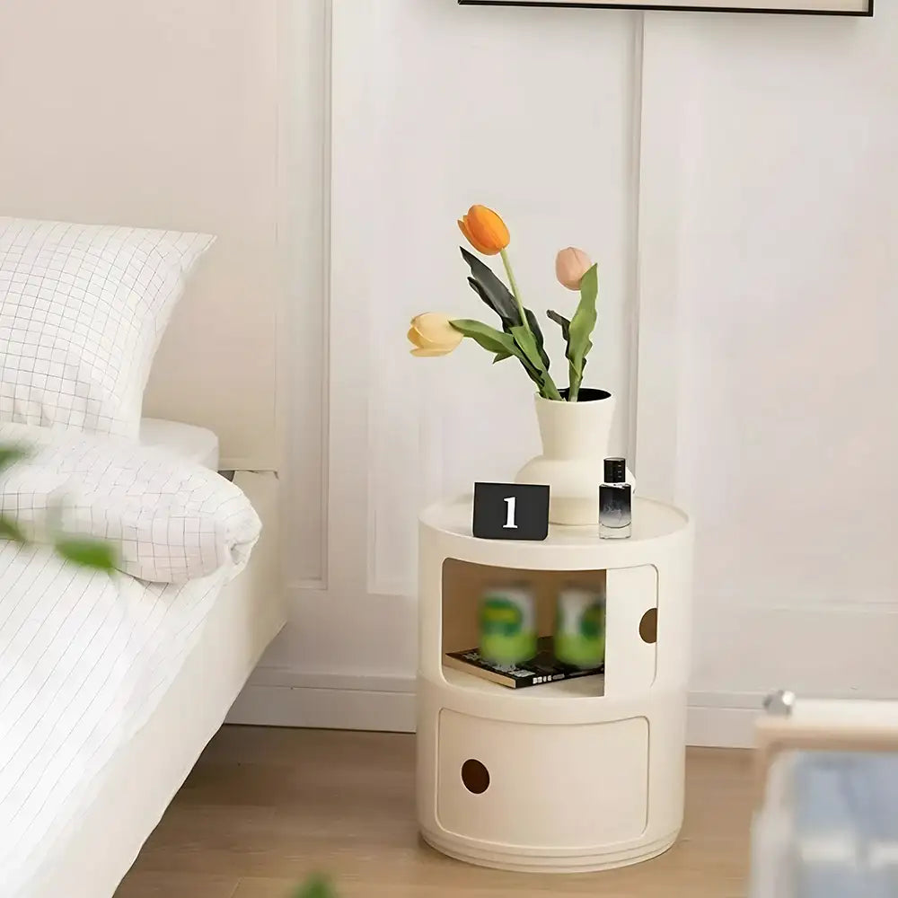 Podofo Plastic Round Bedside Nightstand with Drawers Practical Storage Box Cabinet Nightstand Chic Decor for Bedroom Living Room Modern Furniture Design Multi-Layer Storage