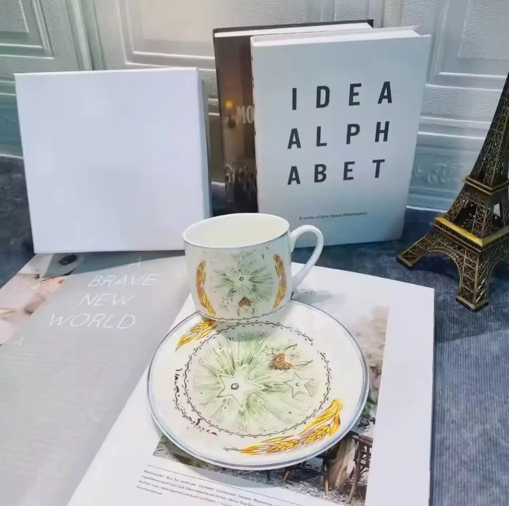 Tasses à café en céramique, tasses à lait, assiettes, tasses à expresso, services à café en porcelaine tendre, verres, tasses à thé à contour doré, 2 ensembles de tasses et assiettes cadeau