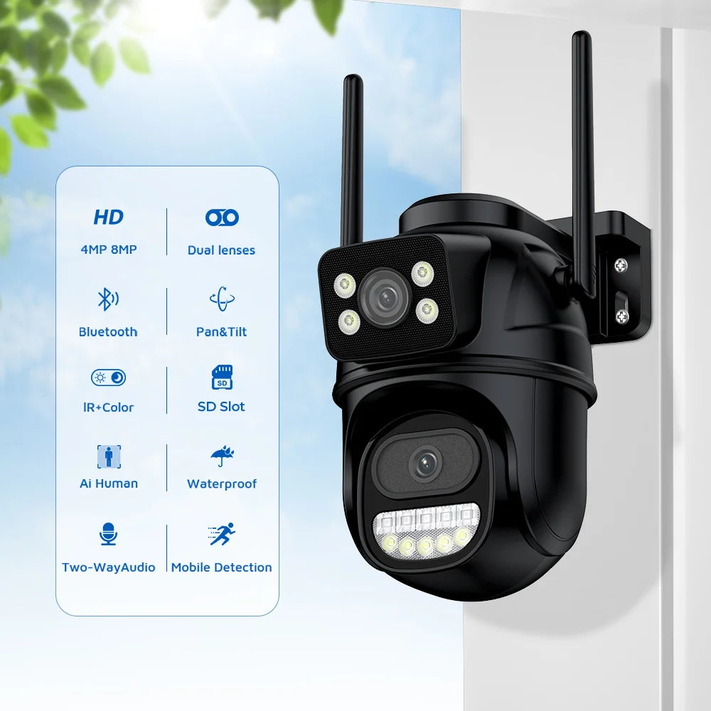 8MP 4K PTZ Wifi Camera Dual Lens with Dual Screen Ai Human Detect Auto Tracking Wireless Outdoor Surveillance Camera iCSee App
