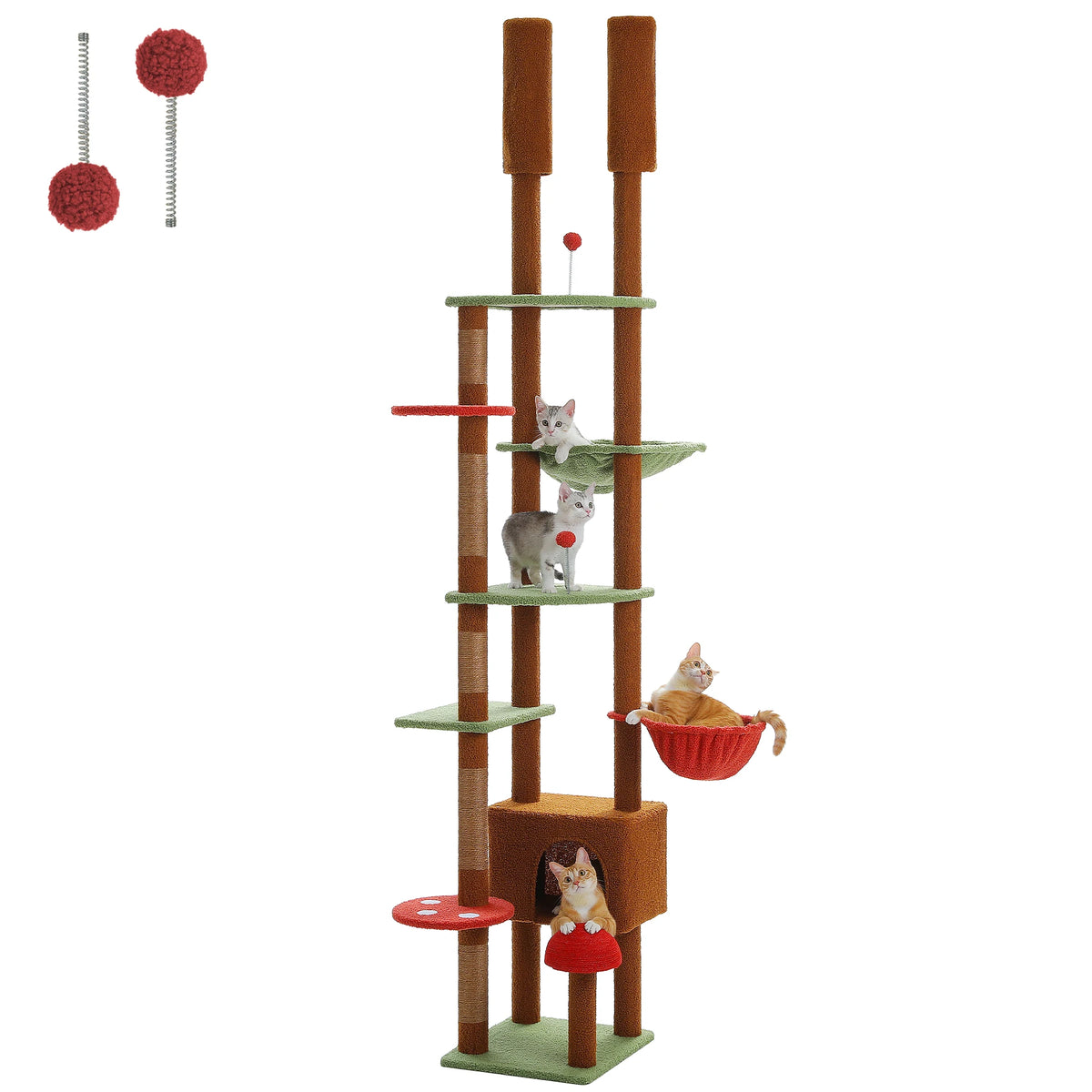 Torre rascador para gatos de suelo a techo con casita, hamaca y postes rascadores