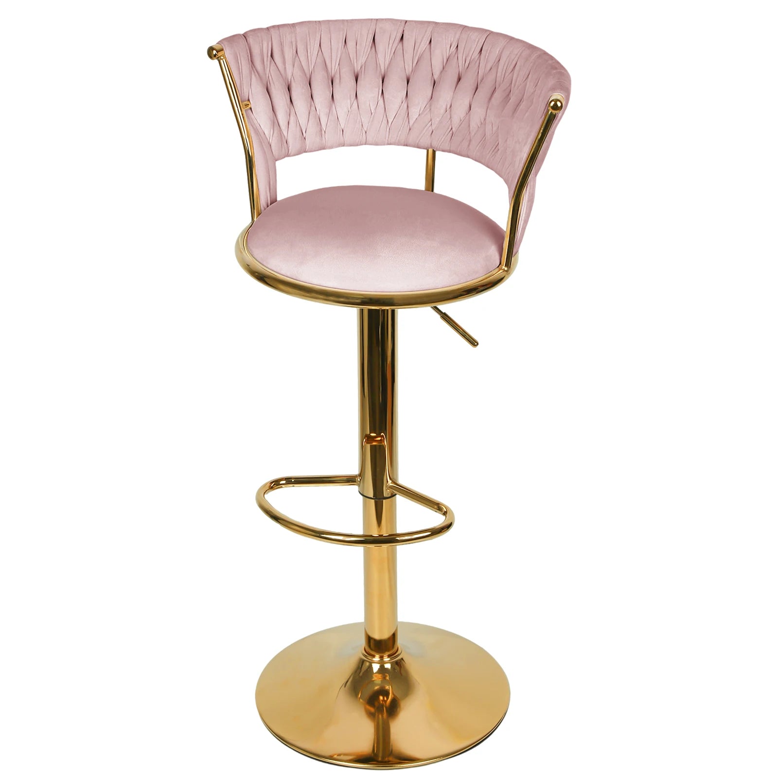 2 Set Bar stool with woven back and foot rest, pivoting stool, height adjustable, metal splayed Base + velvet padded seat, gray/pink/blue/black