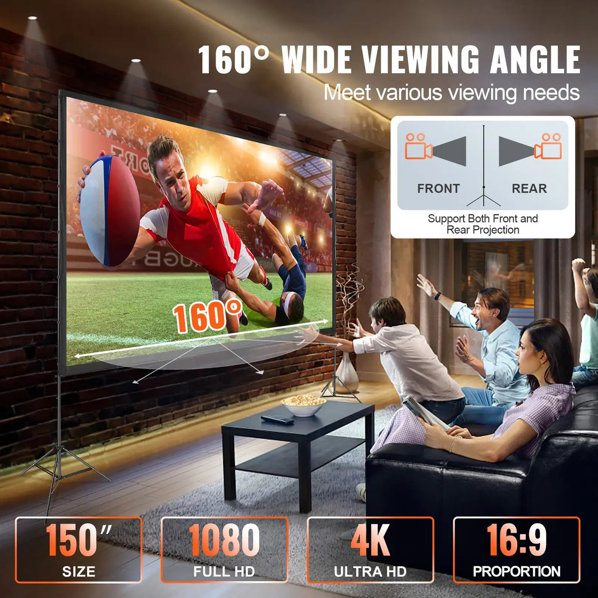 SucceBuy Projektionsleinwand mit Ständer, 150 Zoll, 16:9, 4K 1080 HD, tragbare Projektionsleinwand für Zuhause, Büro, Garten, Filmtheater und Kino
