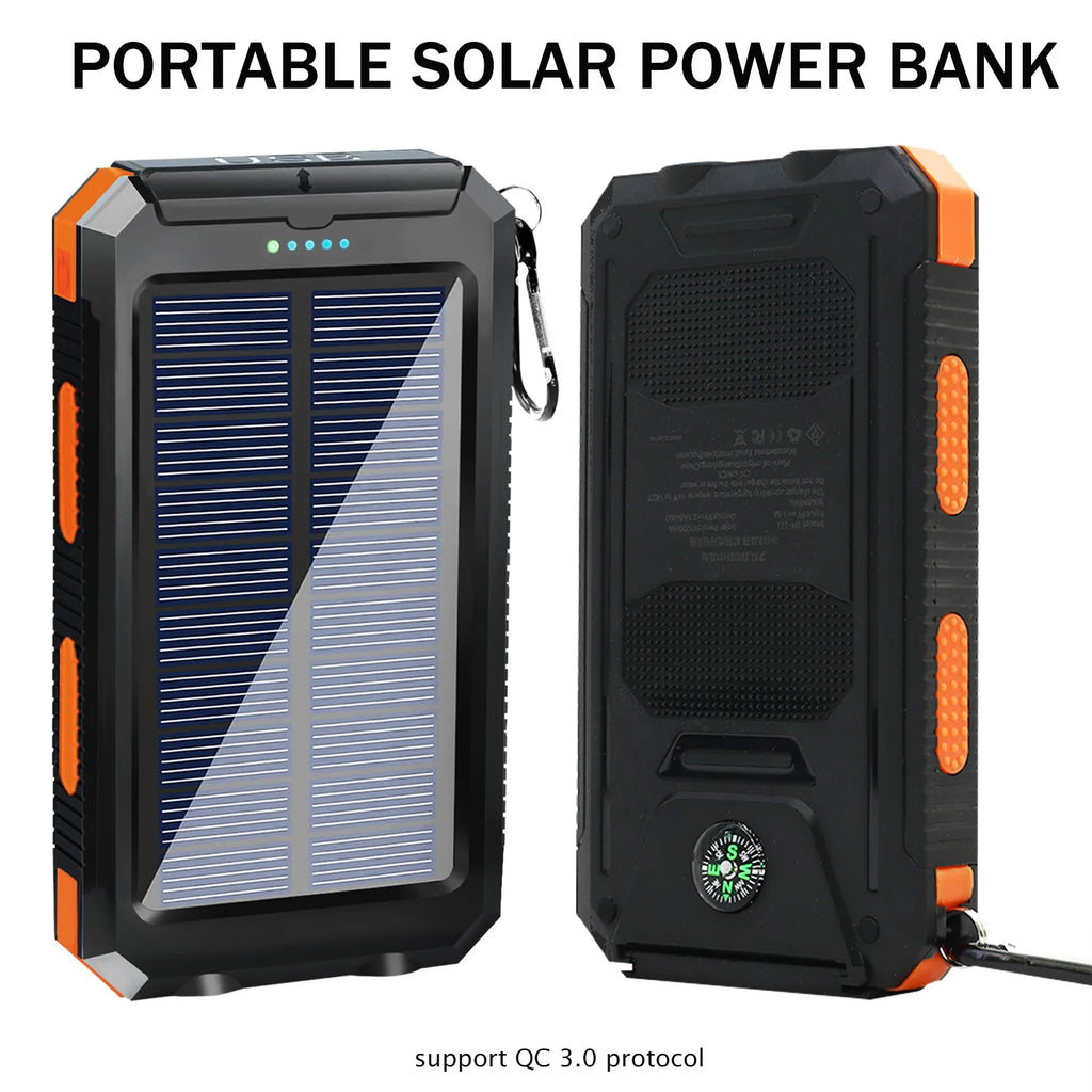 ソーラーモバイルバッテリー 20000mAh – 防水、LED懐中電灯＆コンパス付き