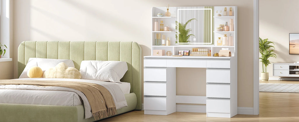 Large Dressing Table with LED Lighting, 3 Colours, Brightness Control,  with Mirror, 9 Drawers, 9 Open Shelves