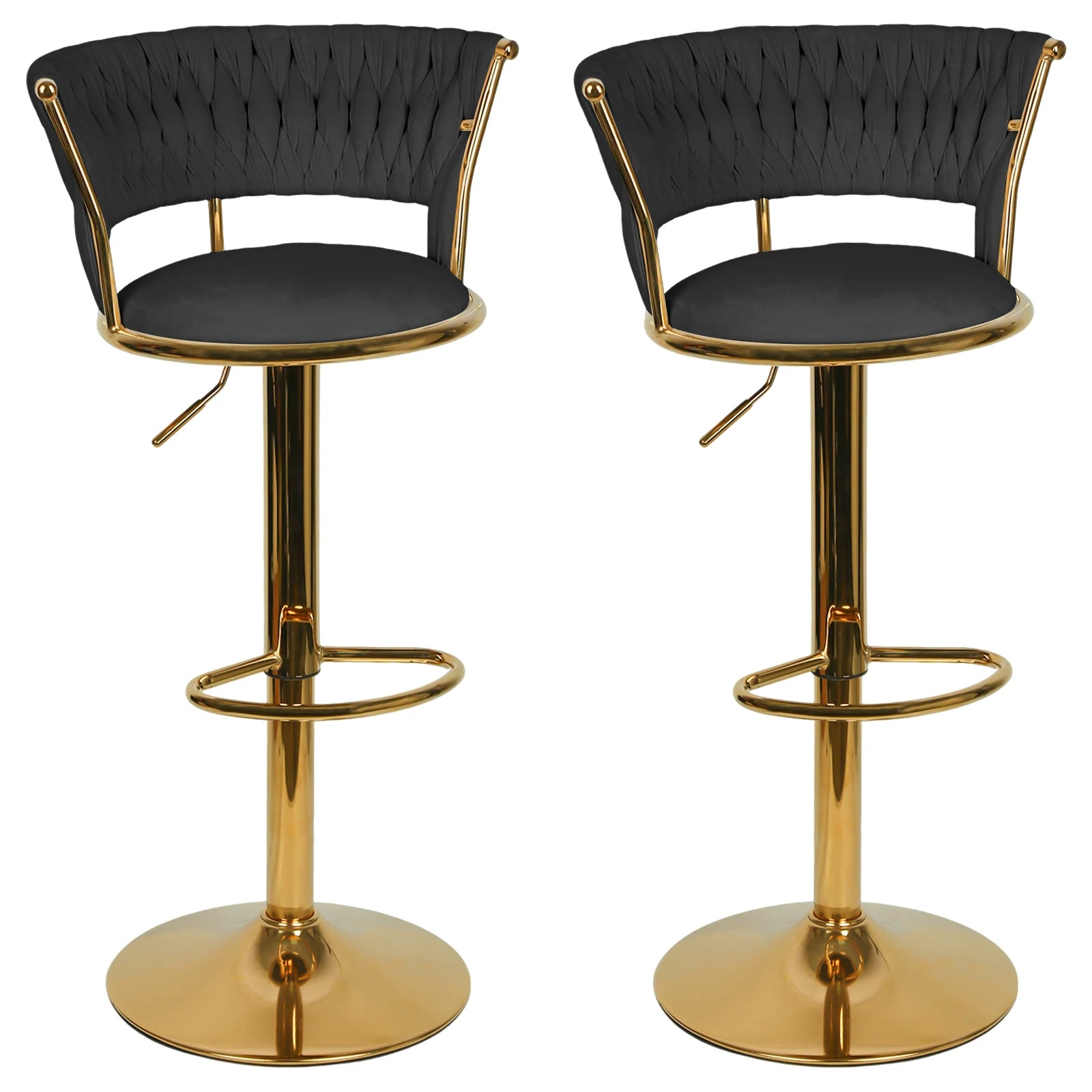 Lot de 2 tabourets de bar avec dossier tressé et repose-pieds, tabouret pivotant, réglable en hauteur, piètement évasé en métal + assise rembourrée en velours, gris/rose/bleu/noir