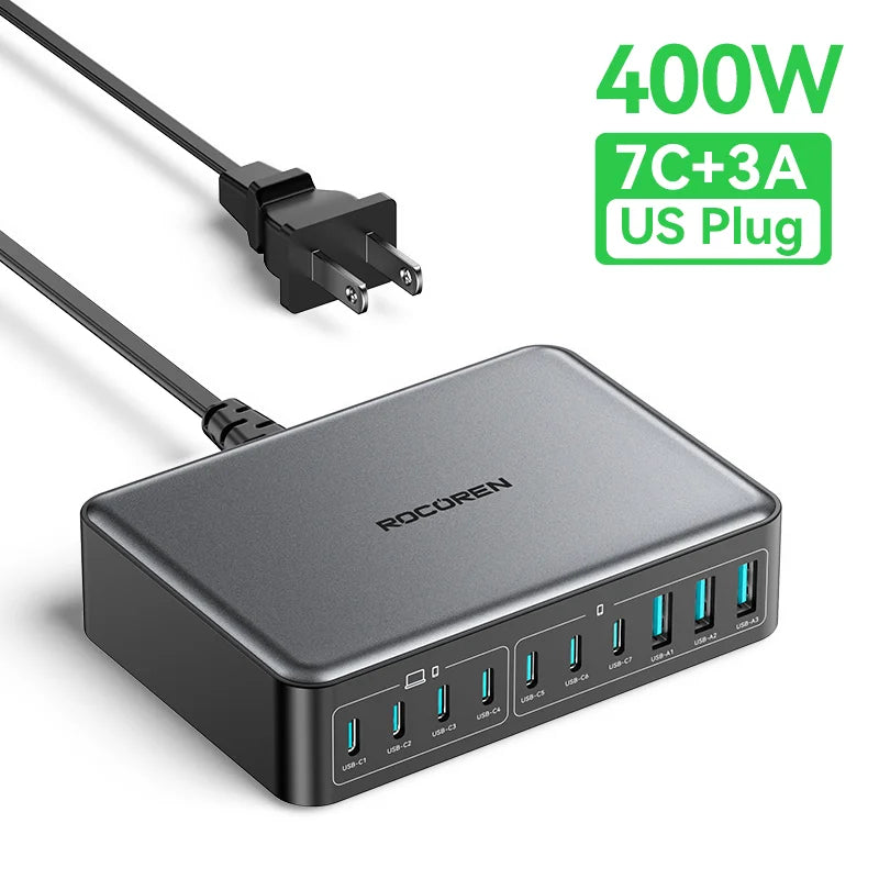 Rocoren Chargeur GaN USB Type C 400 W Station d'alimentation de bureau portable 10 en 1 Chargeur rapide Type-C pour iPhone 16 Pro Max MacBook Air