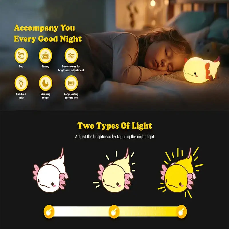 Veilleuse mignonne en silicone Axolotl avec contrôle tactile, rechargeable par USB, lampe de chevet pour bébé et enfants