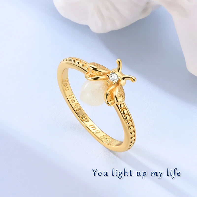 Original 925 Sterling Silver Sparkling Golden Star Firefly Moon Ring For Women Girls Jewelry Birthday Anniversary Gifts