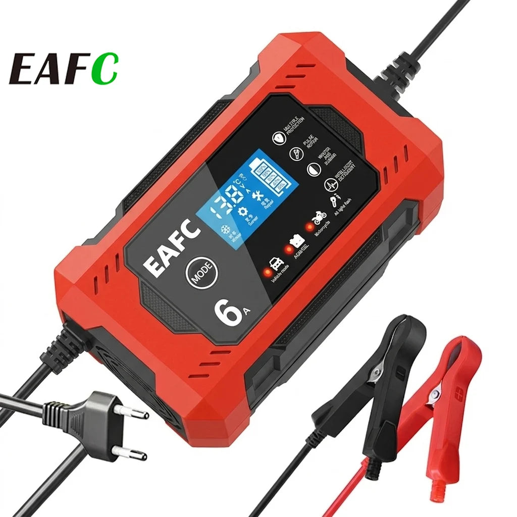 Cargador de batería inteligente EAFC 6A 12V con pantalla LCD para reparación de baterías de coche y moto, unidad de carga para baterías de plomo-ácido