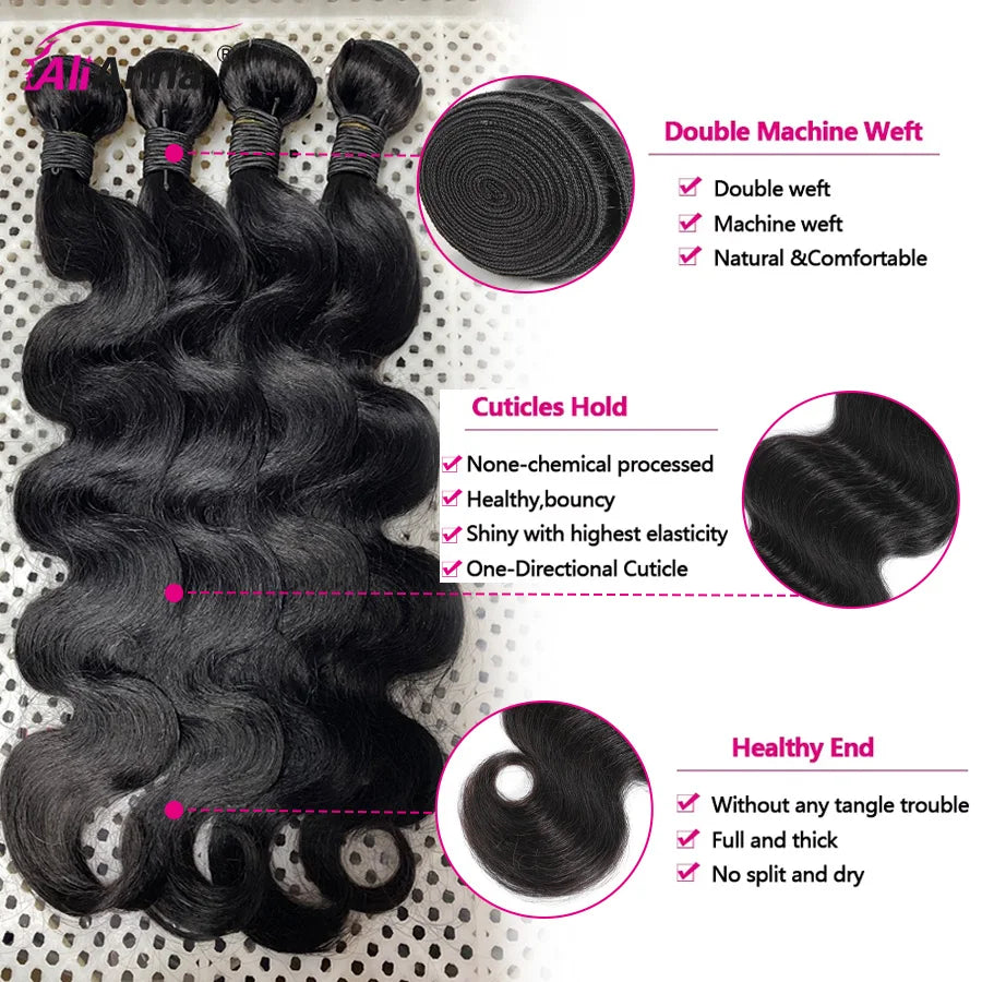 24–26 Inch Body Wave Human Hair Bundles with 4x4 Lace Closure, Brazilian Remy Hair, 3 Bundles + Closure