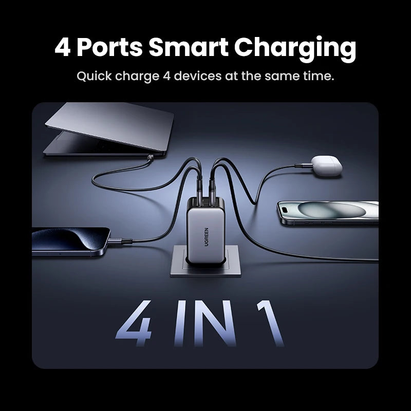 UGREEN 65W GaN Charger 4 Ports USB C Fast Charger Quick Charge 3.0 PD 3.0 For Macbook Air Laptops Tablet iPhone 17 16 15 Pro Max